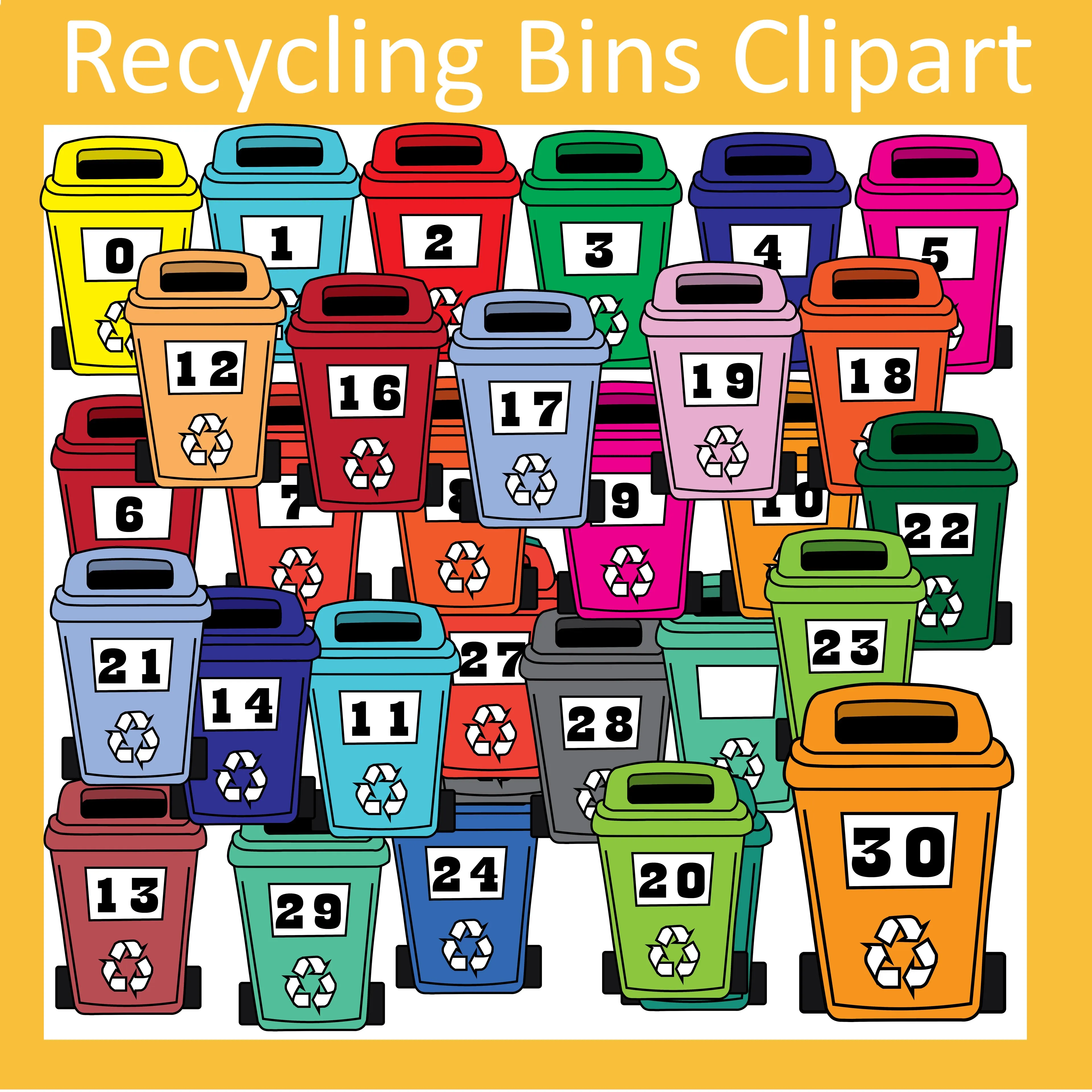Earth Day Recycling Bin Numbers 0-30 Clipart for Math Centers