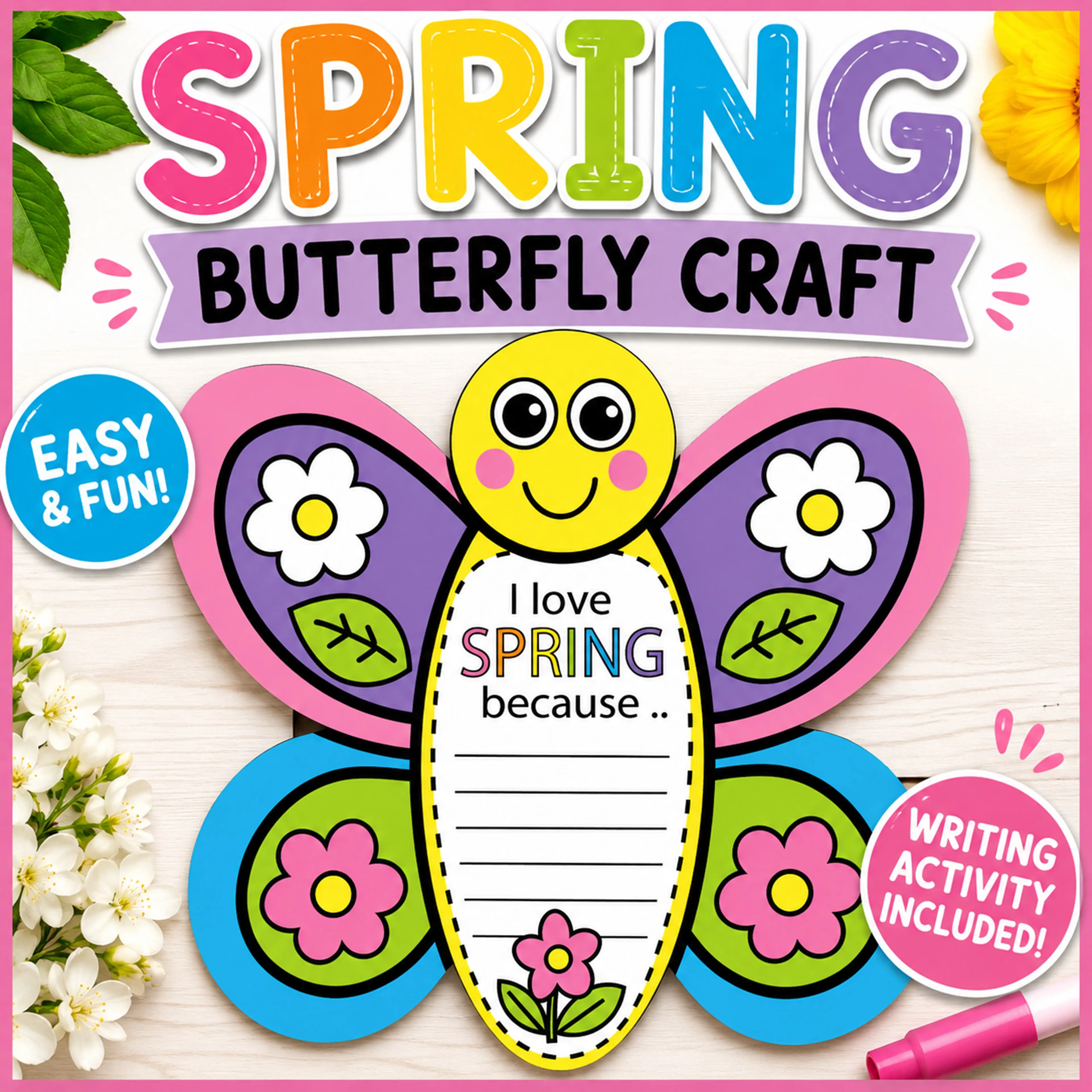 Spring Butterfly Craft for Kids (Printable + Writing Activity)